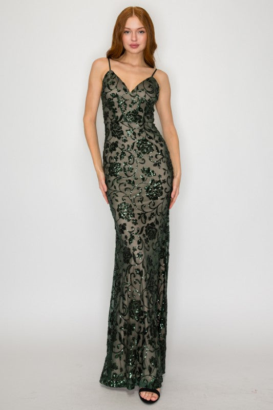 FLORAL SEQUIN CORSET MAXI COCKTAIL DRESS