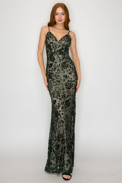 FLORAL SEQUIN CORSET MAXI COCKTAIL DRESS