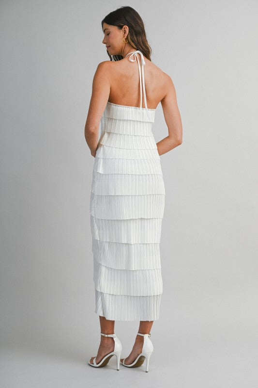 PLEATED HALTER LAYERED DIAGONAL RUFFLE MIDI DRESS