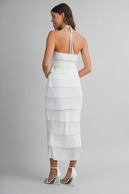 PLEATED HALTER LAYERED DIAGONAL RUFFLE MIDI DRESS