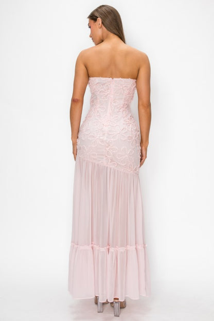 3D FLORAL LACE TUBE MESH DROPPED MAXI DRESS