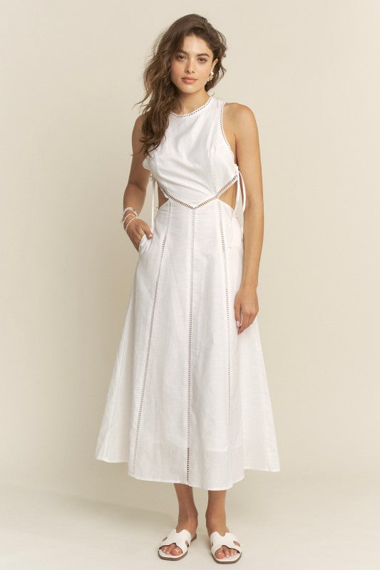 SIDE CUTOUT TIE FINISH LACE TRIM MAXI DRESS