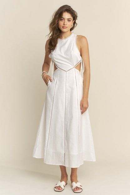 SIDE CUTOUT TIE FINISH LACE TRIM MAXI DRESS