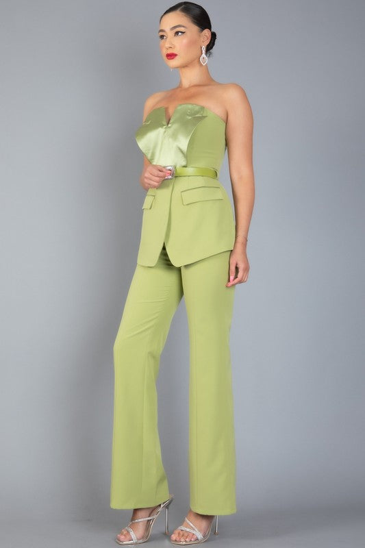 WOMEN STRAPLESS TUXEDO SUIT WITH BELT