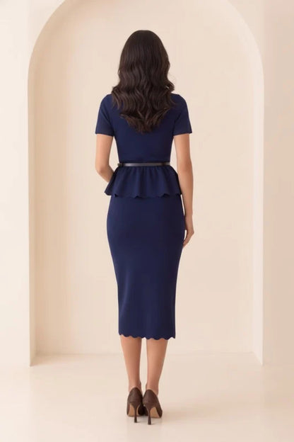 V NECK SCALLOP DETAILED KNIT MIDI DRESS