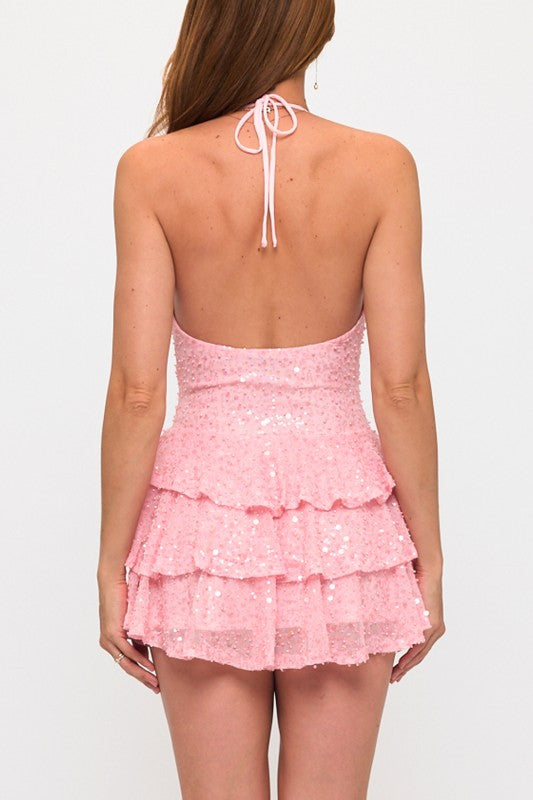 SEQUINED RUFFLED MINI PARTY DRESS