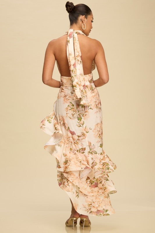 VINTAGE HALTER RUFFLE TIERED PRINTED DRESS