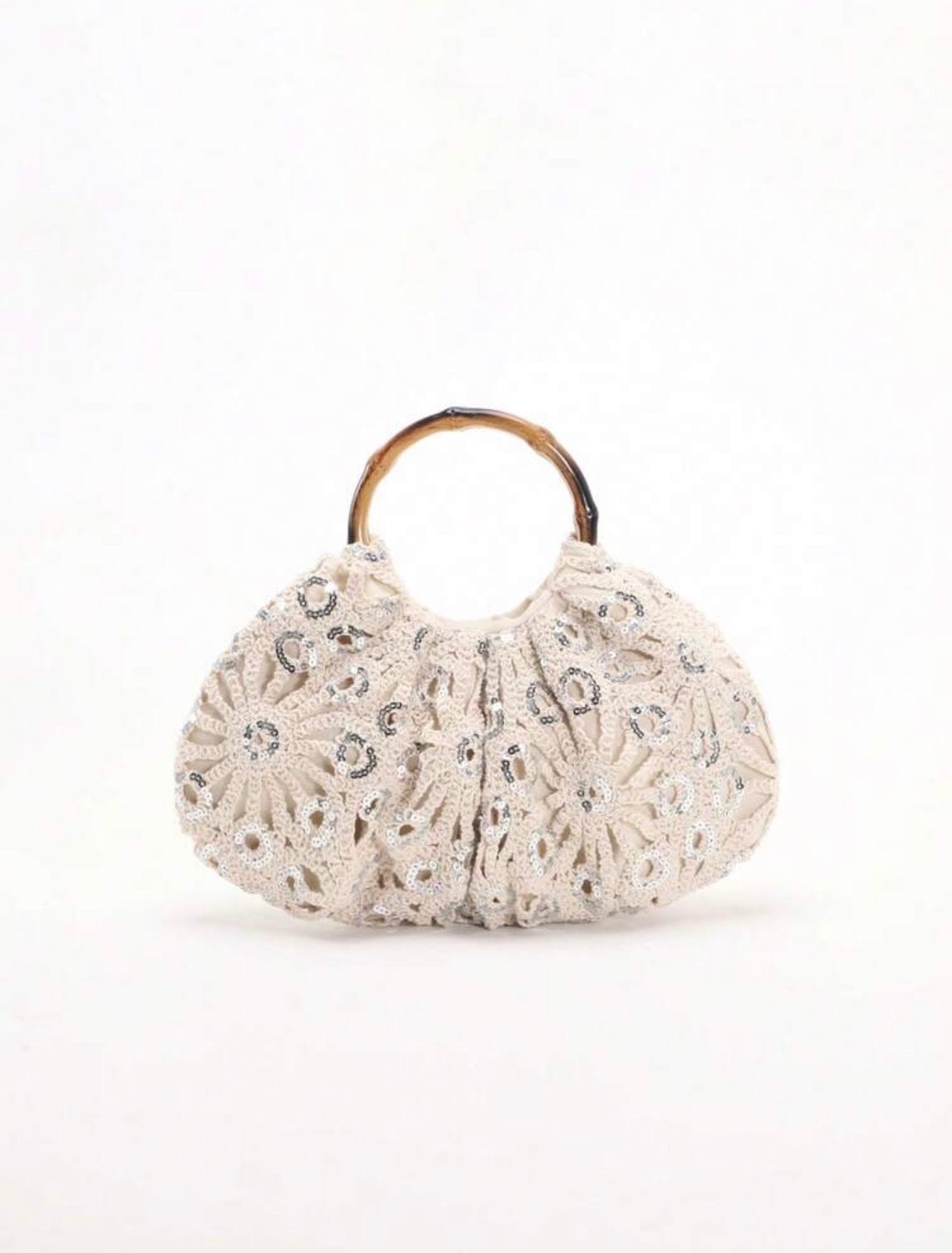 PVC SEQUINS PLEATED CLOUD MESH EMBROIDERED CLUTCH BAG
