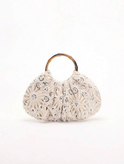 PVC SEQUINS PLEATED CLOUD MESH EMBROIDERED CLUTCH BAG