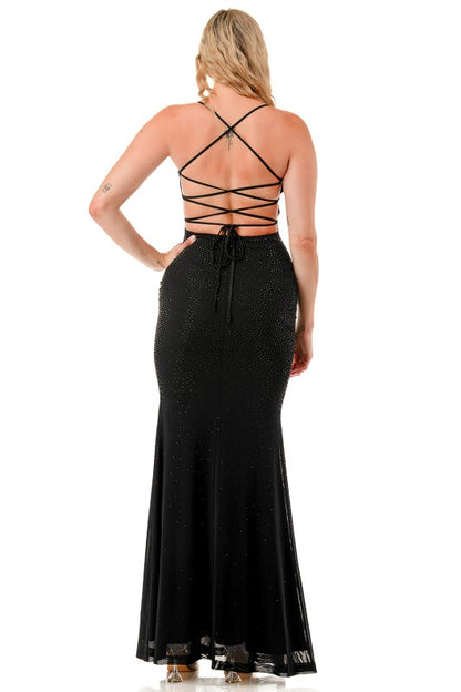 RHINESTONE CROSSED BACK MAXI DRESS