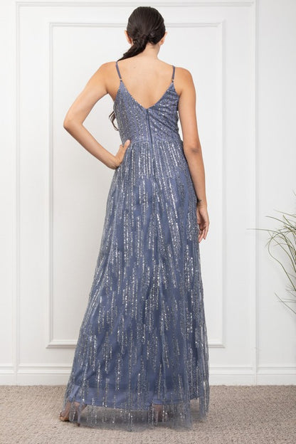 DEEP V NECK SPAGHETTI STRAP SEQUINED MAXI COCKTAIL DRESS
