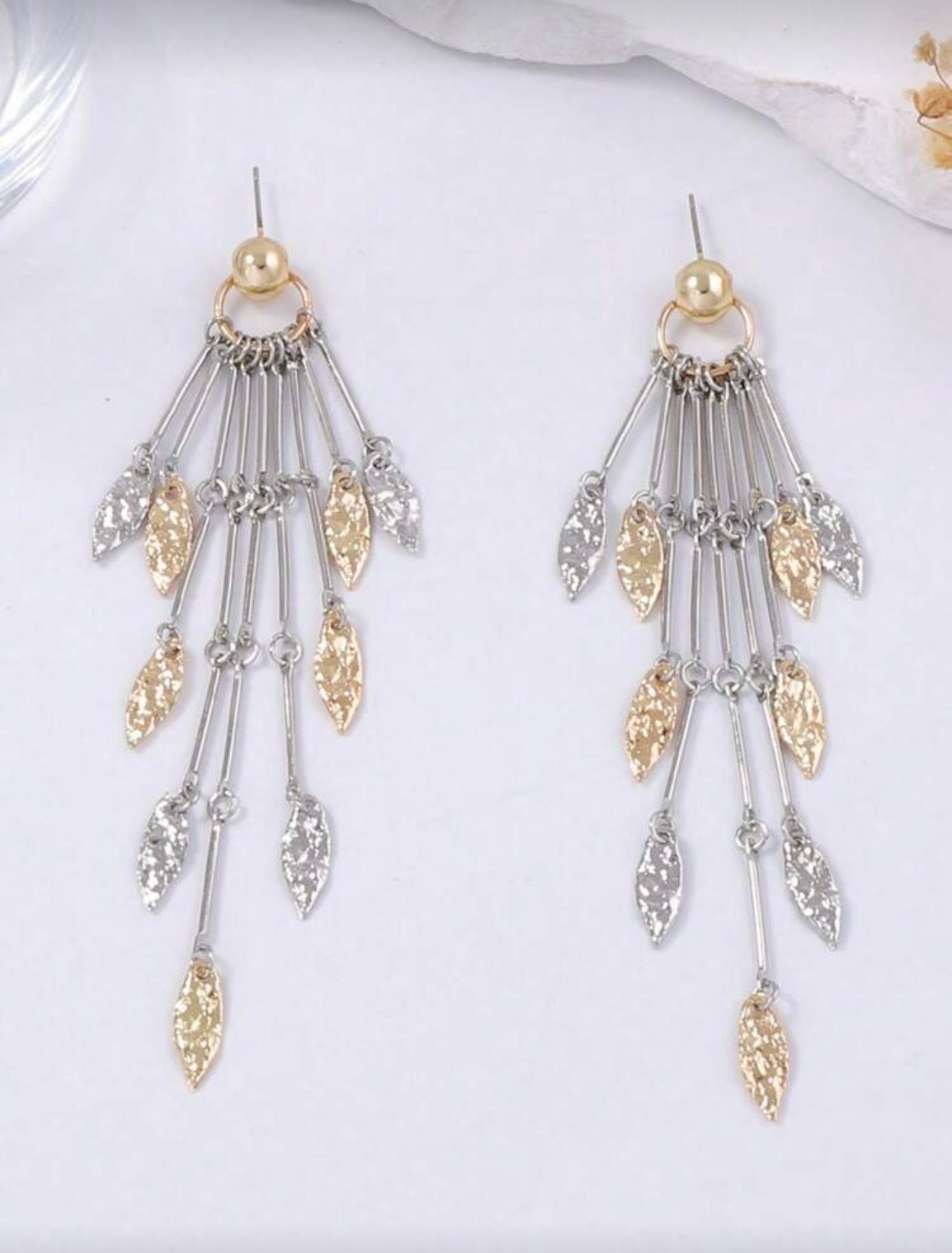 LUXURY GEOMETRIC LEAF & TASSEL METAL LONG DANGLE EARRINGS