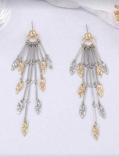 LUXURY GEOMETRIC LEAF & TASSEL METAL LONG DANGLE EARRINGS