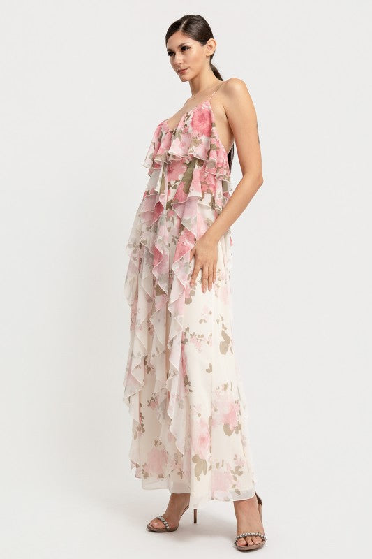 FLOWER PRINT SPAGHETTI STRAP OPEN BACK RUFFLE MAXI DRESS