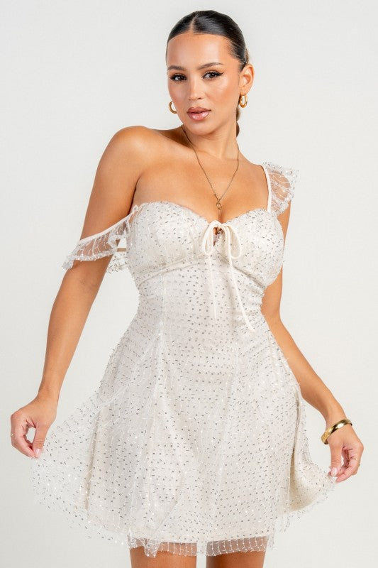 OFF THE SHOULDER EMBELLISHMENT A-LINE MINI PARTY DRESS