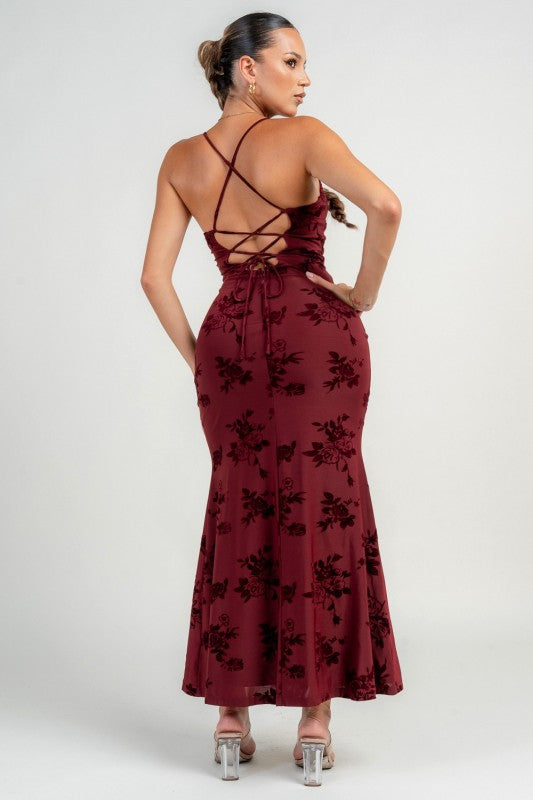 BUSTIER SPAGHETTI STRAP LACE UP FRONT SLIT MAXI DRESS