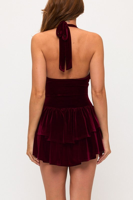VELVET HALTER DOUBLE LAYER FIT AND FLARE MINI PARTY DRESS