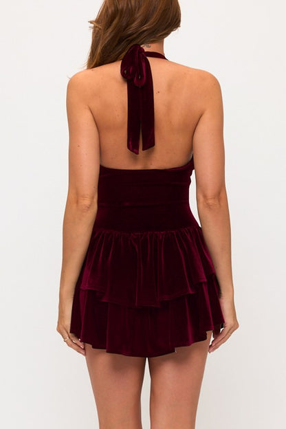 VELVET HALTER DOUBLE LAYER FIT AND FLARE MINI PARTY DRESS