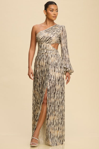 ONE SHOULDER SEQUIN MESH MAXI PARTY DRESS