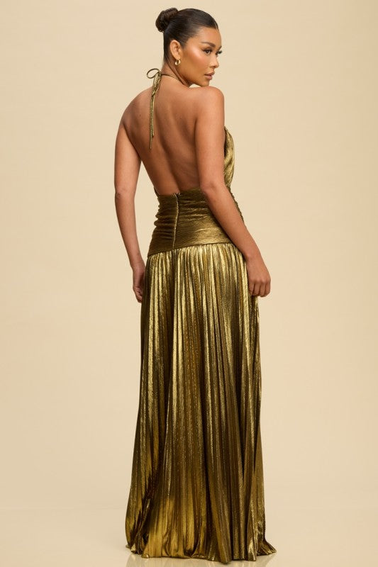 PLEATED METALLIC HALTER MAXI PART DRESS