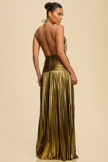 PLEATED METALLIC HALTER MAXI PART DRESS