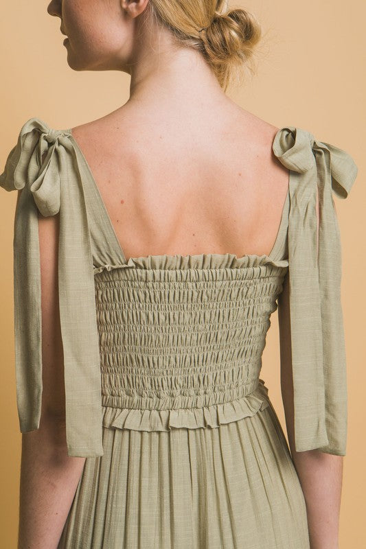 PLEATED SMOCKED MIDI DRESS