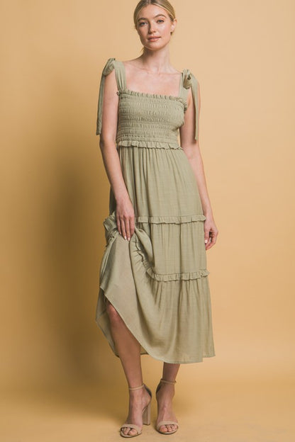 PLEATED SMOCKED MIDI DRESS