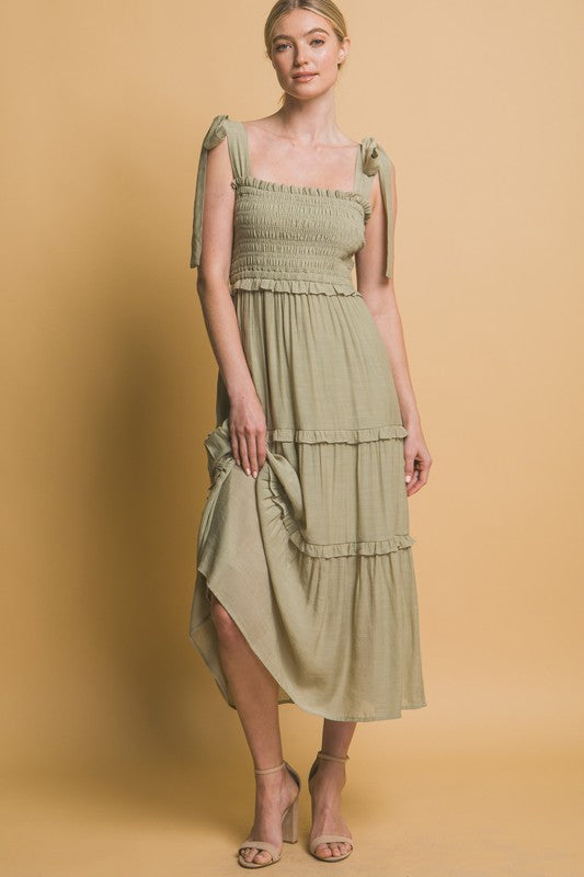 PLEATED SMOCKED MIDI DRESS