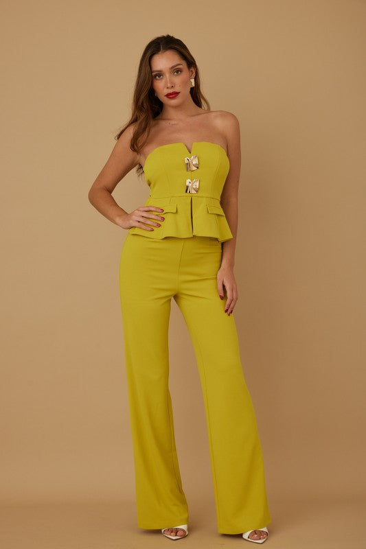 SCRUNCHED GOLDEN STONE STRAPLESS TOP AND PANTS SET