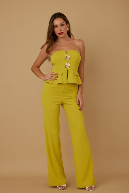 SCRUNCHED GOLDEN STONE STRAPLESS TOP AND PANTS SET