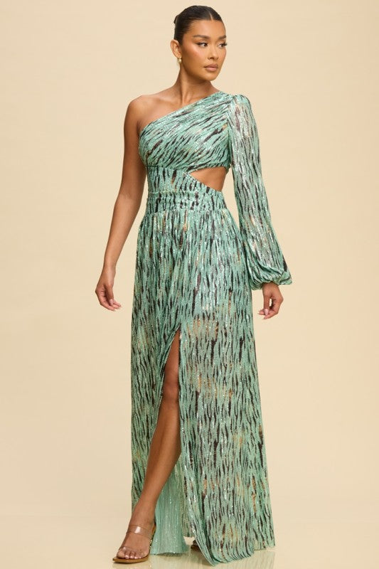 ONE SHOULDER SEQUIN MESH MAXI PARTY DRESS