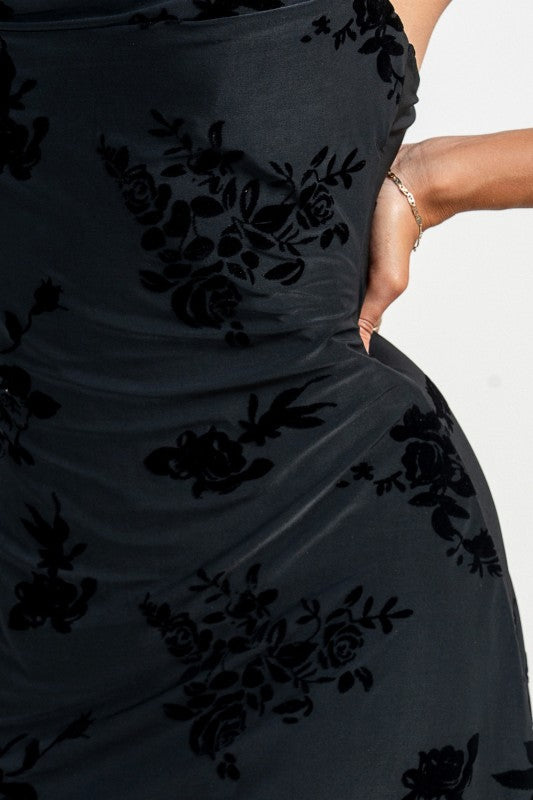 BUSTIER COWL NECK SPGT STRAP FLARE MINI DRESS