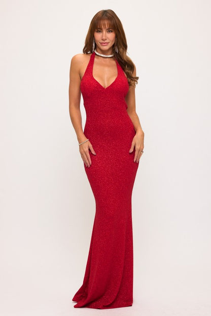 GLITTER HALTER BACK STRAP MERMAID MAXI PARTY DRESS