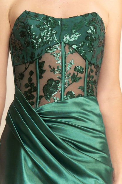 SHEER SEQUIN BODICE MAXI COCKTAIL DRESS