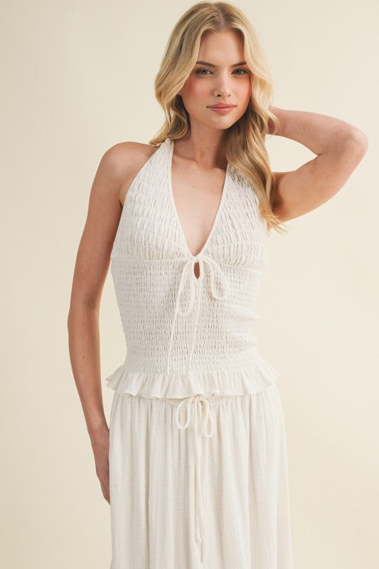 SMOCKED HALTER TOP