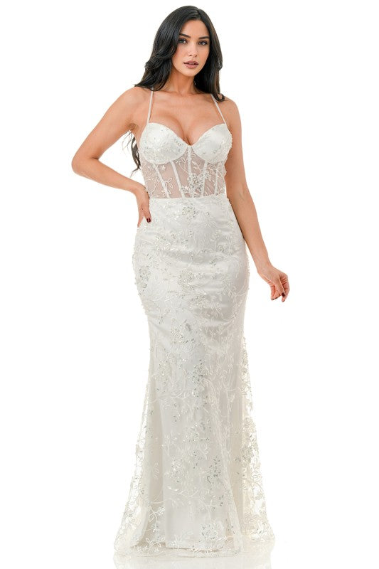 FLORAL SEQUIN CORSET MERMAID MAXI COCKTAIL DRESS