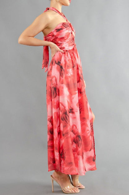 Floral Print Halter Neck Keyhole Maxi Dress