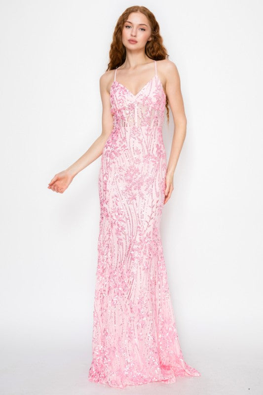 FLORAL SEQUIN MERMAID MAXI COCKTAIL DRESS