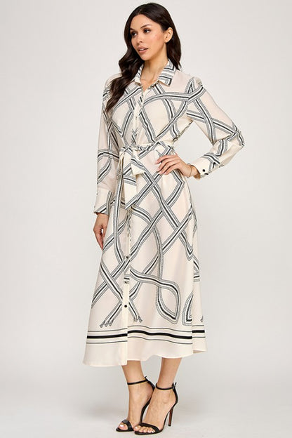 PRINTED LONG SLEEVE BUTTON DOWN MIDI DRESS WITH SELF BELT