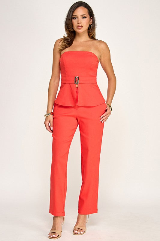 FLARE TUBE TOP WITH METAL BUCKLE AND PANTS SET