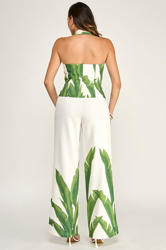 PRINTED HALTER ZIP UP VEST WITH HIGH WAIST PANTS SET