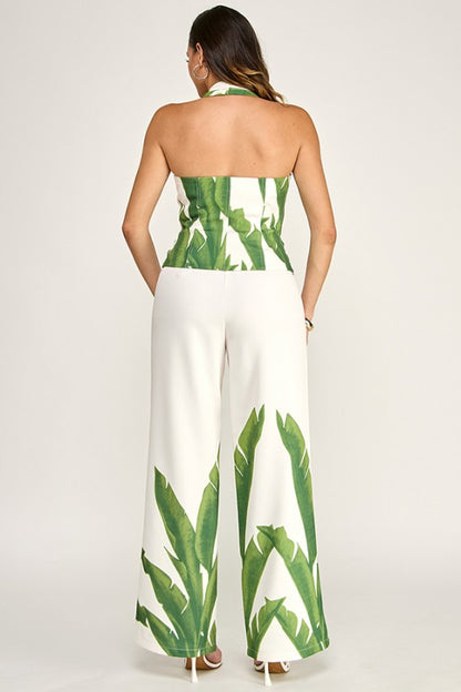 PRINTED HALTER ZIP UP VEST WITH HIGH WAIST PANTS SET