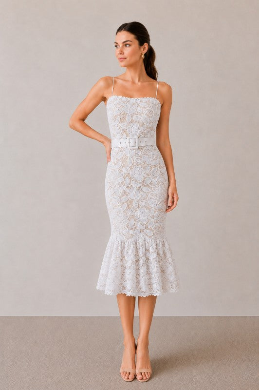 LACE FLOUNCE MIDI DRESS