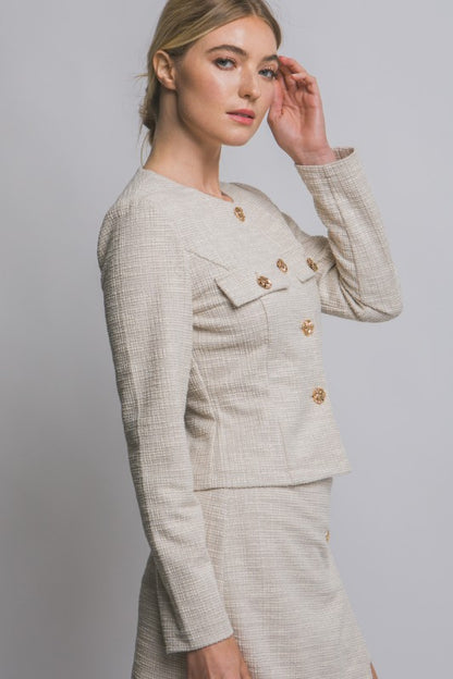BUTTON UP TWEED ROUND NECKLINE SHAKET