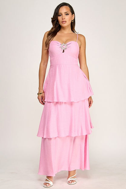 ADJUSTABLE STRAP TIERED MAXI DRESS W GOLD METAL TRIM