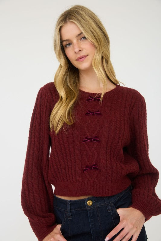 CABLE KNIT FRONT VELVET BOW DETAIL KNIT SWEATER