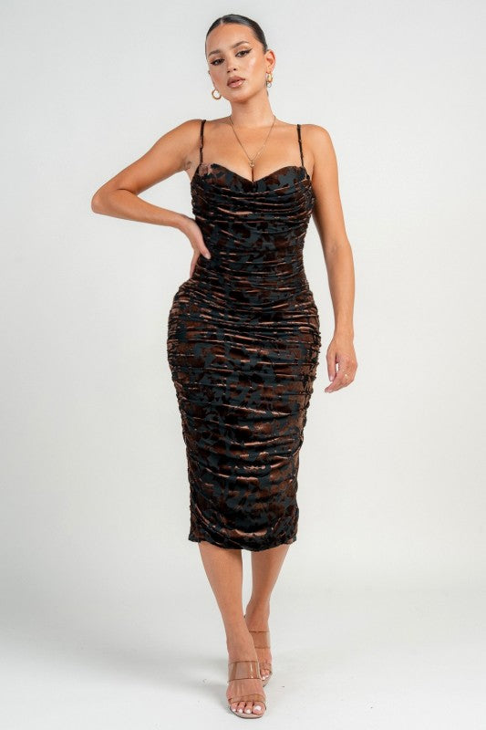 COWL NECK LACE UP BACK RUCHING MIDI DRESS