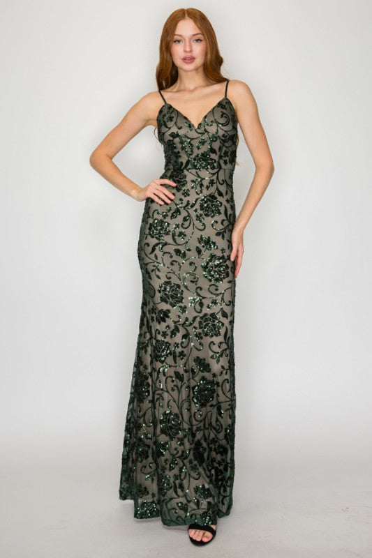 FLORAL SEQUIN CORSET MAXI COCKTAIL DRESS