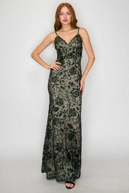 FLORAL SEQUIN CORSET MAXI COCKTAIL DRESS