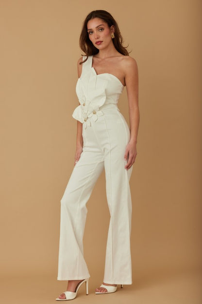DENIM FLOWER BOOM HALF SHOULDER JUMPSUIT